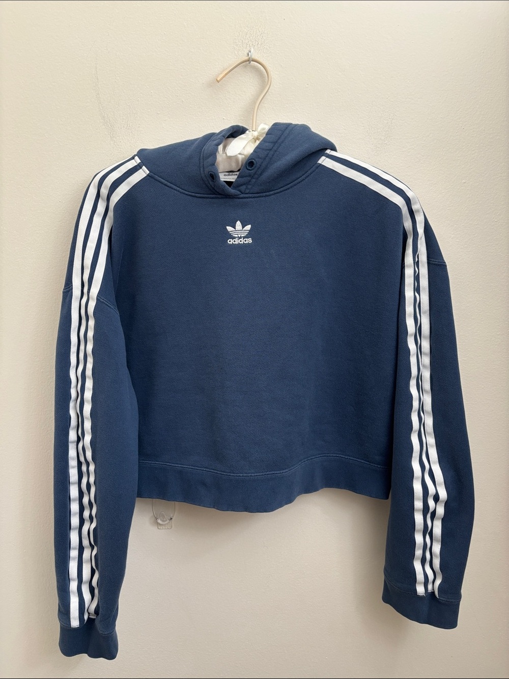 adidas Navy and White Cropped Hoodie with Striped Sleeves